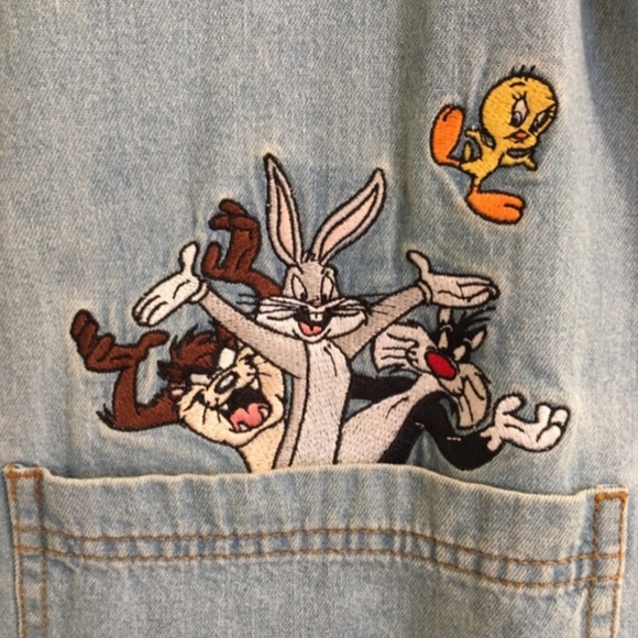 Vintage Looney Tunes Denim Overalls Style Dress with Rivet Buttons Ladies Large - Picture 2 of 11